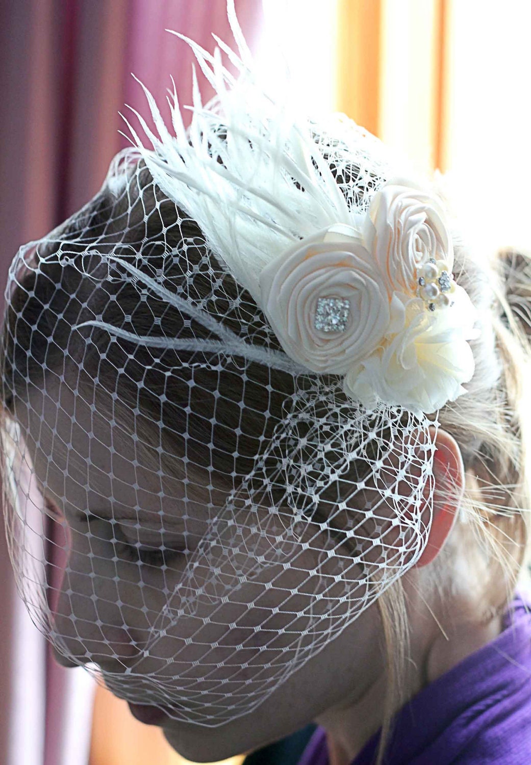 White or Ivory Birdcage Veil with Rosettes and Feathers, Fascinator, Wedding Headpiece