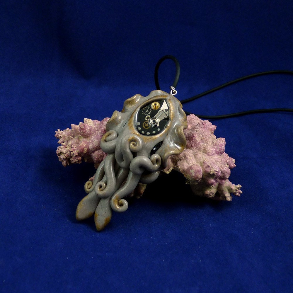 Steampunk Cuttlefish Necklace - Polymer Clay Jewelry Pendant