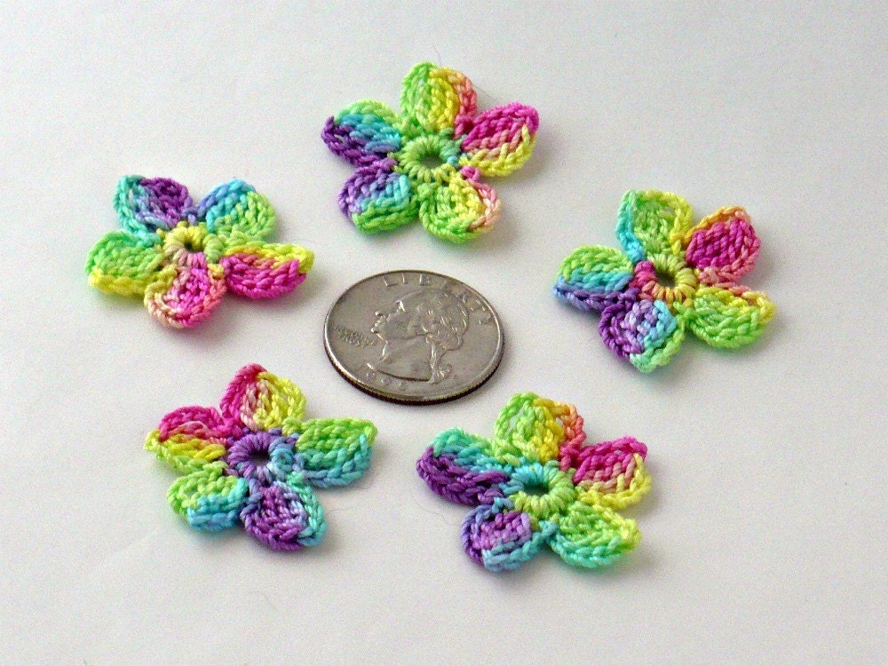 Crochet Applique Motif Mini Flower Neon Rainbow Yellow, Lime, Rose, Blue, Purple