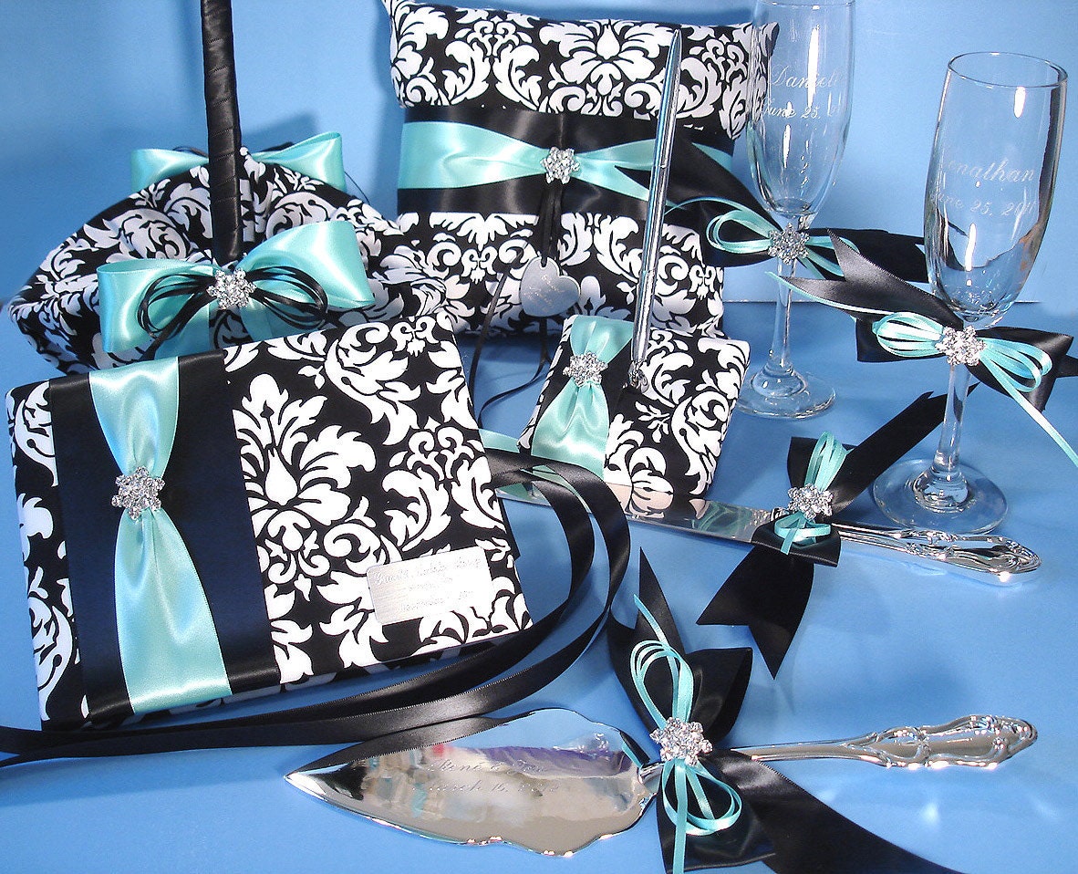 Damask Wedding Ring Bearer Pillow, Flower Girl Basket, Guest Book, Pen, Toasting Flutes, Cake Serving Set with Personalized Engraving