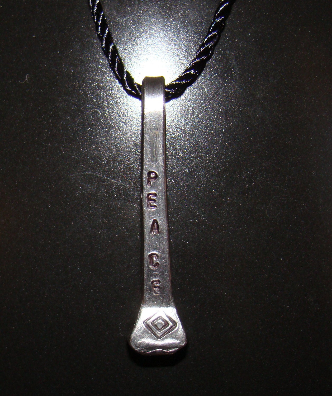 PEACE Stamped Metal Horseshoe / Horse Shoe Nail Pendant w Rayon Cord Necklace
