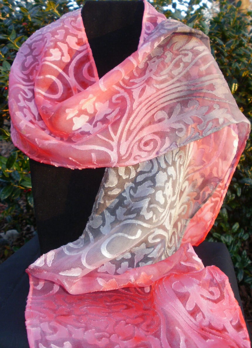 Rosey Red, Pink, Silver Gray Medley Silk Scarf