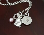 My Petite Bunny  Initial Necklace -  Hand Stamped Sterling Silver  Personalized Bunny Rabbit Birthstone Necklace