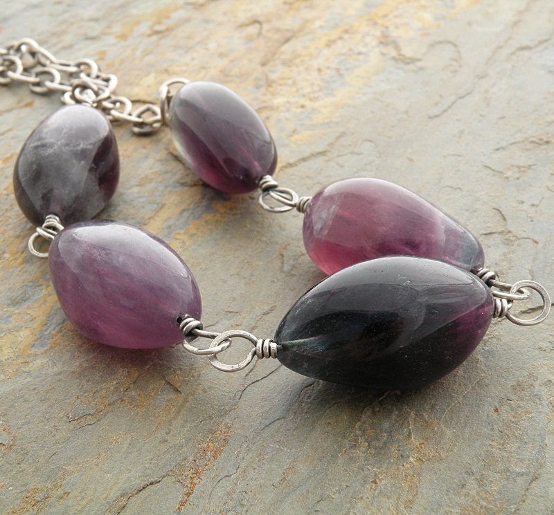 Purple and Green Necklace, Flourite Gemstones, Chunky, Sterling Silver, Wire Wrapped
