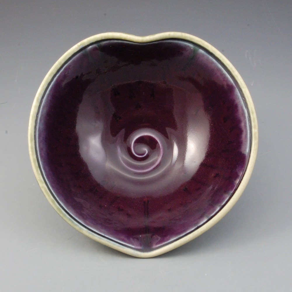 Valentines Heart shaped bowl purple eggplant fern green handmade porcelain by Mark Hudak
