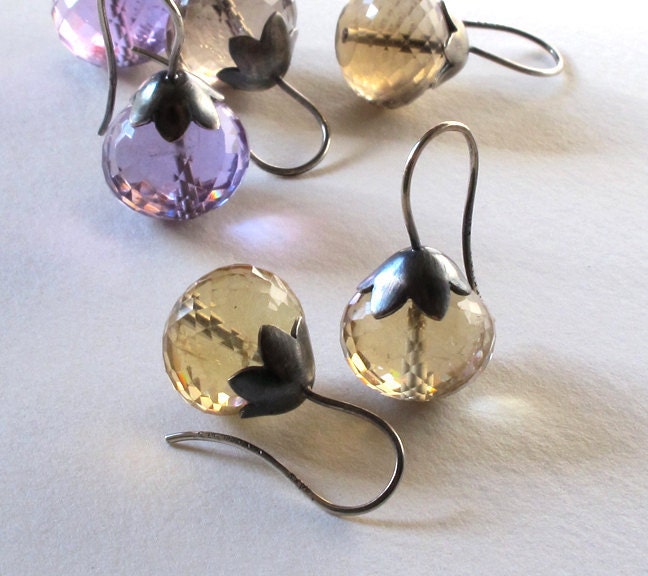 Pale Yellow Citrine Morning Glory Pod Earrings Sterling Silver
