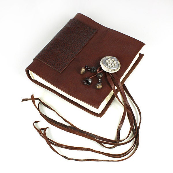 Leather Journal, handbound book in soft brown covers, with Garnets, Pearls and Vintage Button
