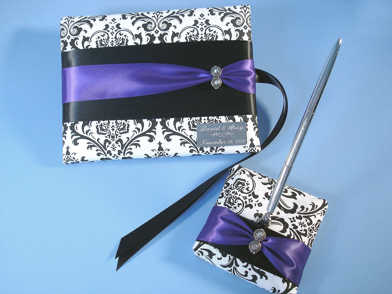 Guest Book and Pen with Purple in Madison Damask with Swarovski Crystals and Personalized Engraving