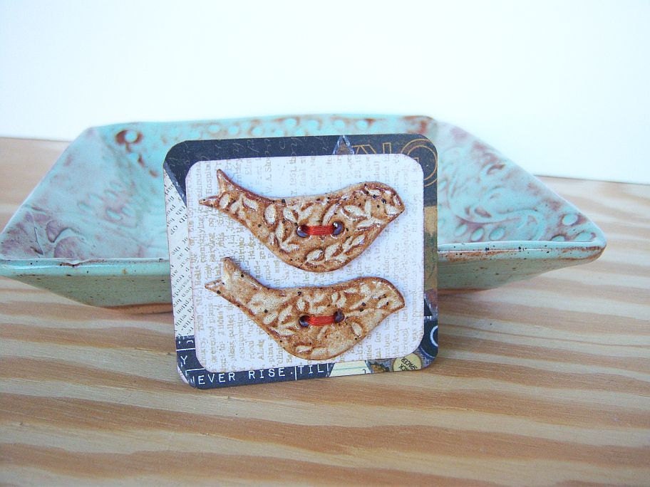 Rustic Textured Stoneware Bird Buttons in Speckled Tan Glaze - Set of 2