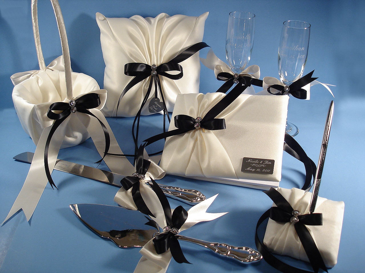 Guest Book, Pen, Flower Girl Basket, Ring Pillow, Flutes, Serving Set,  Custom Wedding Accessories with Swarovski Crystals and Engraving