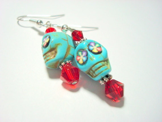 Turquoise and Red Rainbow Flowers Day of the Dead Sugar Skull Earrings