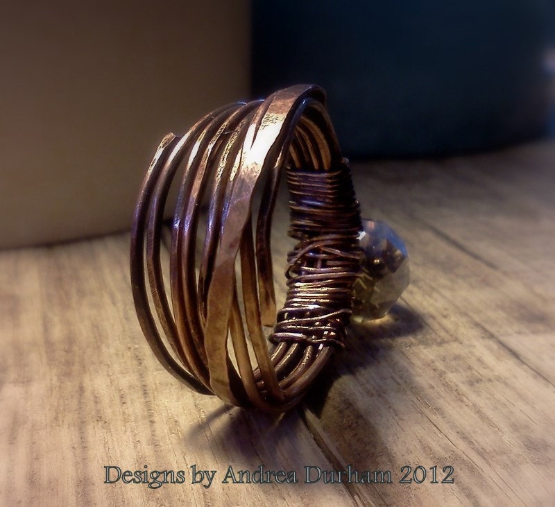 Copper Wire  Ring Wrapped Band style, Champagne Aurora Borelias Stone Bohemian Inspired - AndreaDurhamDesigns