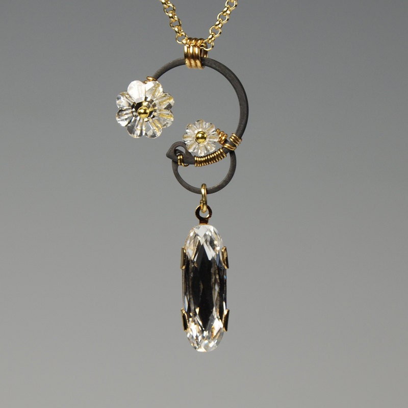 Ganymede v3: Wire wrapped industrial pendant with clear Swarovski crystals