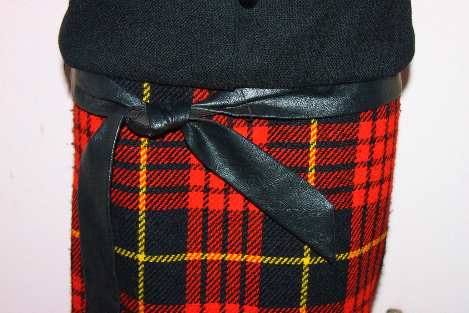 Vintage 60's MOD Black and Red Tartan Wool Drop Waist Mini Dress. Medium. Complimentary US Priority Shipping