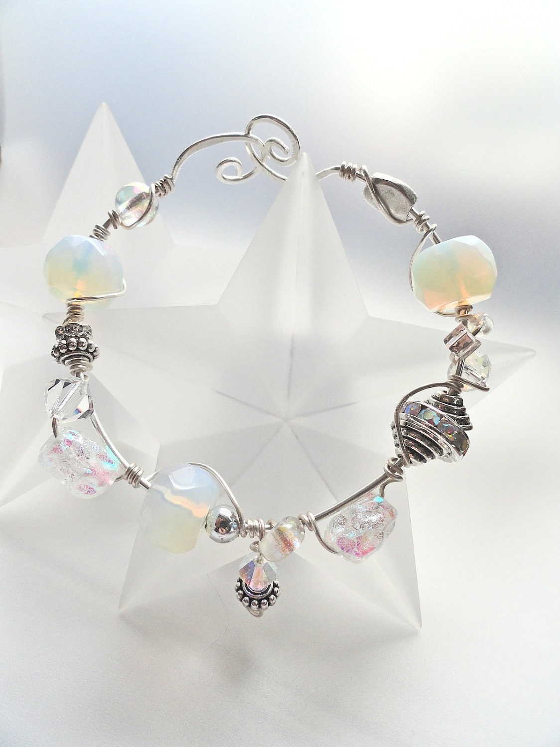 Winter White Lights Opalescent & Dichroic Bead SS Wire Wrapped Bracelet