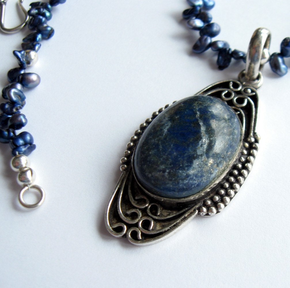 Blue Keshi Flake and Lapis Sterling Silver Necklace tbteam tpt team