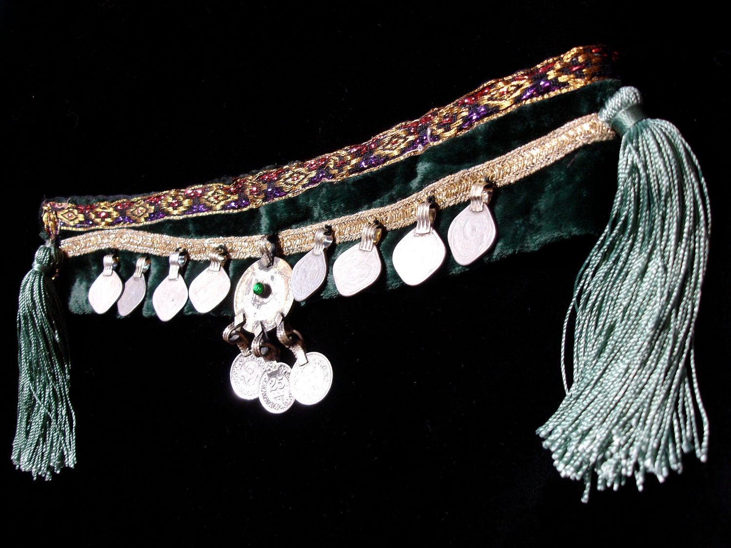 Green velvet  gold  and silver tassle headband for Tribal fusion belly dance