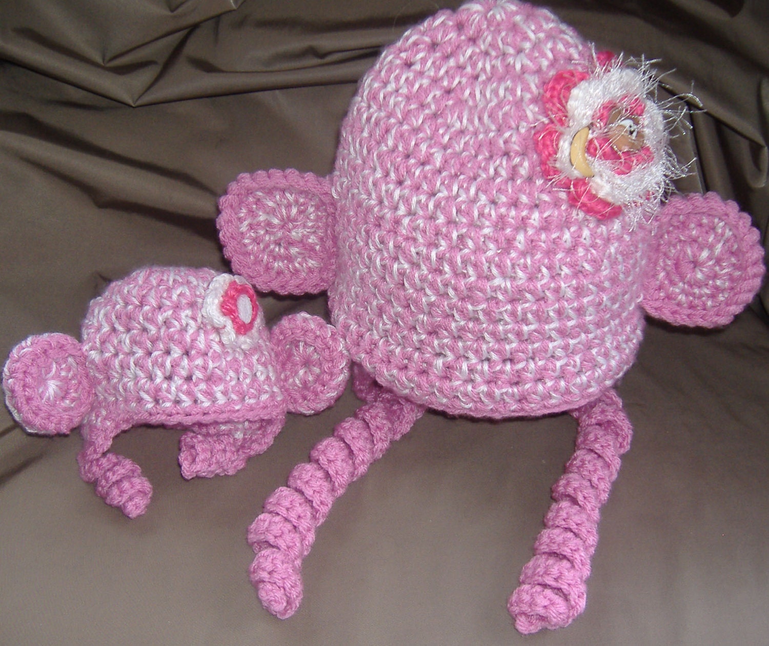Hand Crocheted Pink Monkey Ear Flap Hat With Matching Hat for Babydoll All Sizes FREE SHIPPING