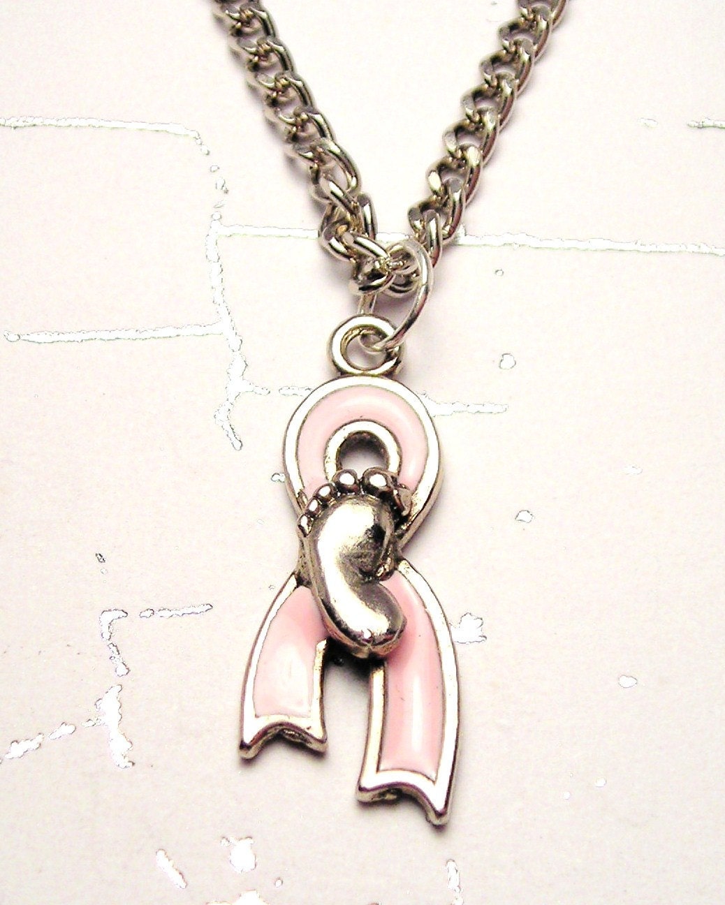 Pink Awareness ribbon with baby foot  Pro life necklace religious fundraiser piece