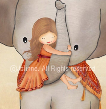 Elephant and girl kids wall art print, children room decor , cute nursery archival illustration open adition