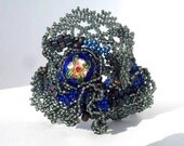 Beaded jewelry. Freeform peyote beaded cuff, bracelet blue, gray, silver colors, with enamel bead, OOAK