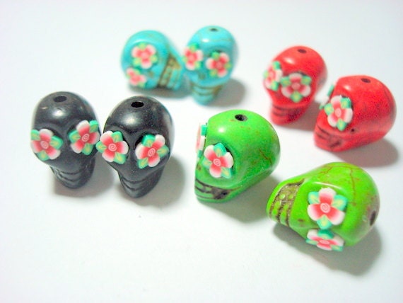 Red, Turquoise, Black, and Green Flower Howlite Skull 12mm Beads-Variety of Four Pairs