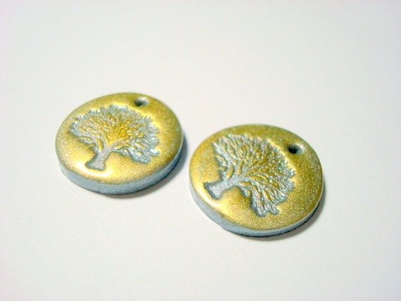 Little Silver and Gold Magic Oak Trees of Life Polymer Clay Focal Beads