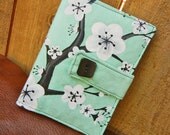 Kindle Fire Cover, Nook Cover, e-reader Cover-Turquoise Suede Padded Book Style Cover Hand Painted with Cherry Blossoms