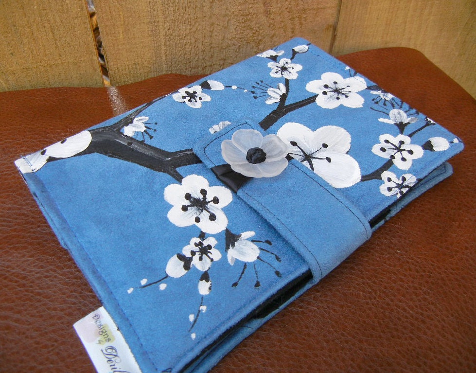 Kindle Fire Cover, Nook Cover, e-reader Cover-Denim Blue Suede Padded Book Style Cover Hand Painted with Cherry Blossoms