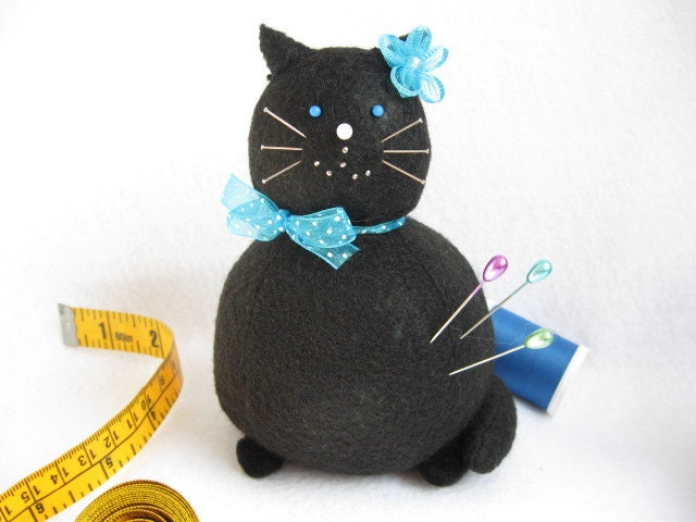 Black Cat Pincushion Rose Blue Bow...MADE-TO-ORDER...