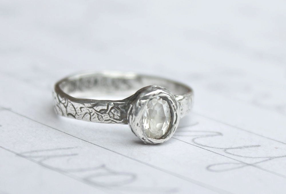 white sapphire engagement ring . recycled silver floral ring . love always inscription . custom size personalized message . free shipping