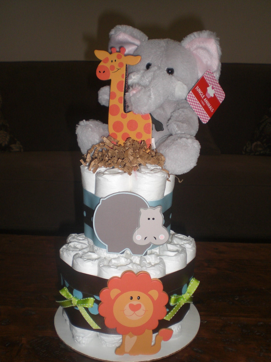 Safari Jungle Theme Diaper Cake Baby Shower Centerpiece two tier with animal other colors and sizes too