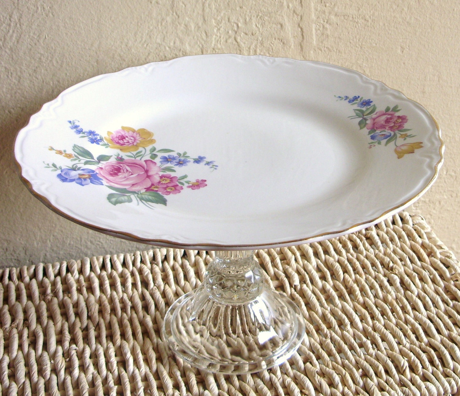 Cupcake Dish Floral Pedestal Plate of Colorful Flowers