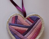 Heart ornament pinks and purples, handmade embroidered