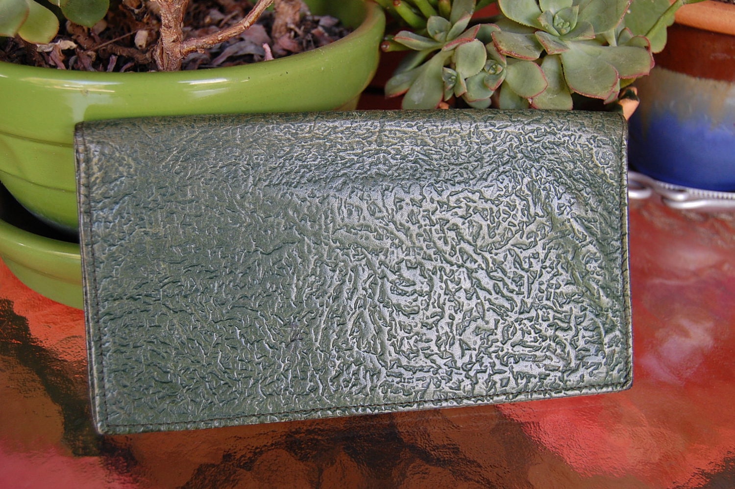 Vintage BIG leather wallet Made in FRANCE green passport