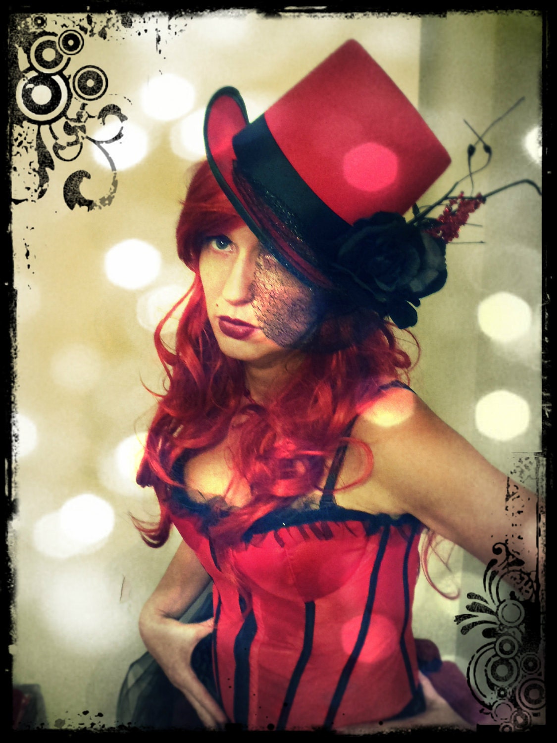 Valentines Day Moulin Rouge-style Red and Black Burlesque Corset and Victorian Bustle Skirt