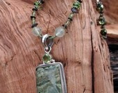 FAERY FOREST (Rainforest Rhyolite, Peridot, Prehnite, Smoky Quartz, Swarovski Crystal Pearls, Sterling Silver, Czech Glass)