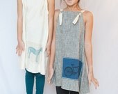 dress/tunic linen bike block print blue grey (pepper w/jet black bicycle on cobalt) size Medium