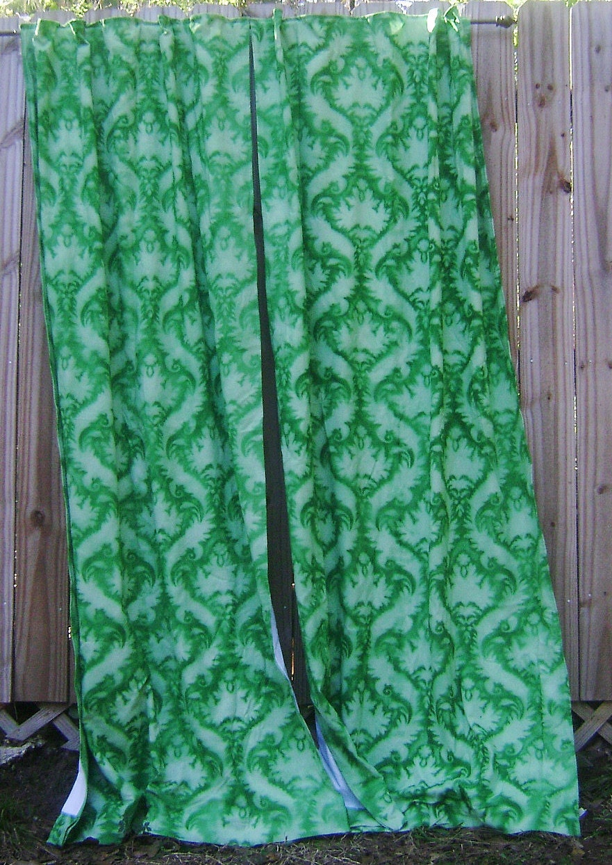 Pair of Silk Damask Emerald Curtains & Drapes