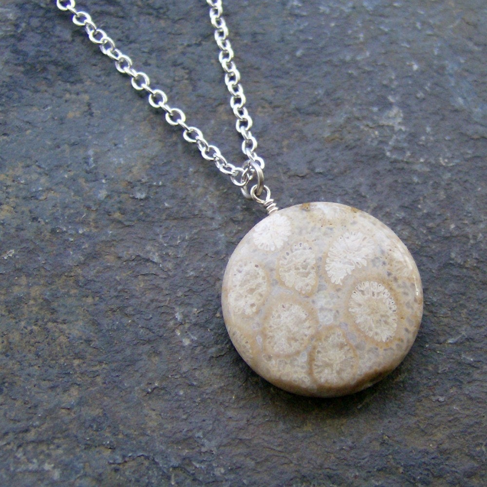 Fossil Coral Gemstone Necklace with Silver Chain