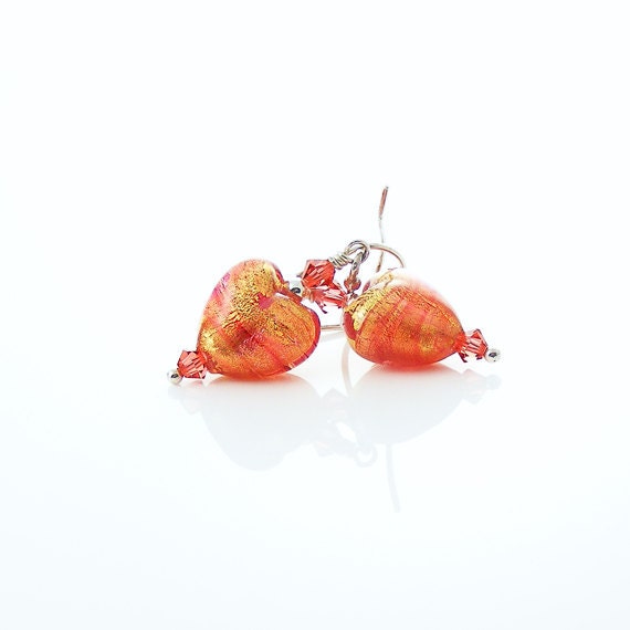 Rubino Heart Earrings. Handcrafted Ruby & Gold Murano Glass and Sterling Silver Earrings