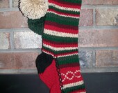 Old Fashioned Hand Knit Rustic Series Horizontal Striped Christmas Stocking Burgundy Red with Chain Link detail