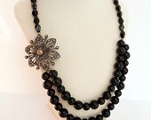 Layered Necklace in Black with Vintage Style Brooch