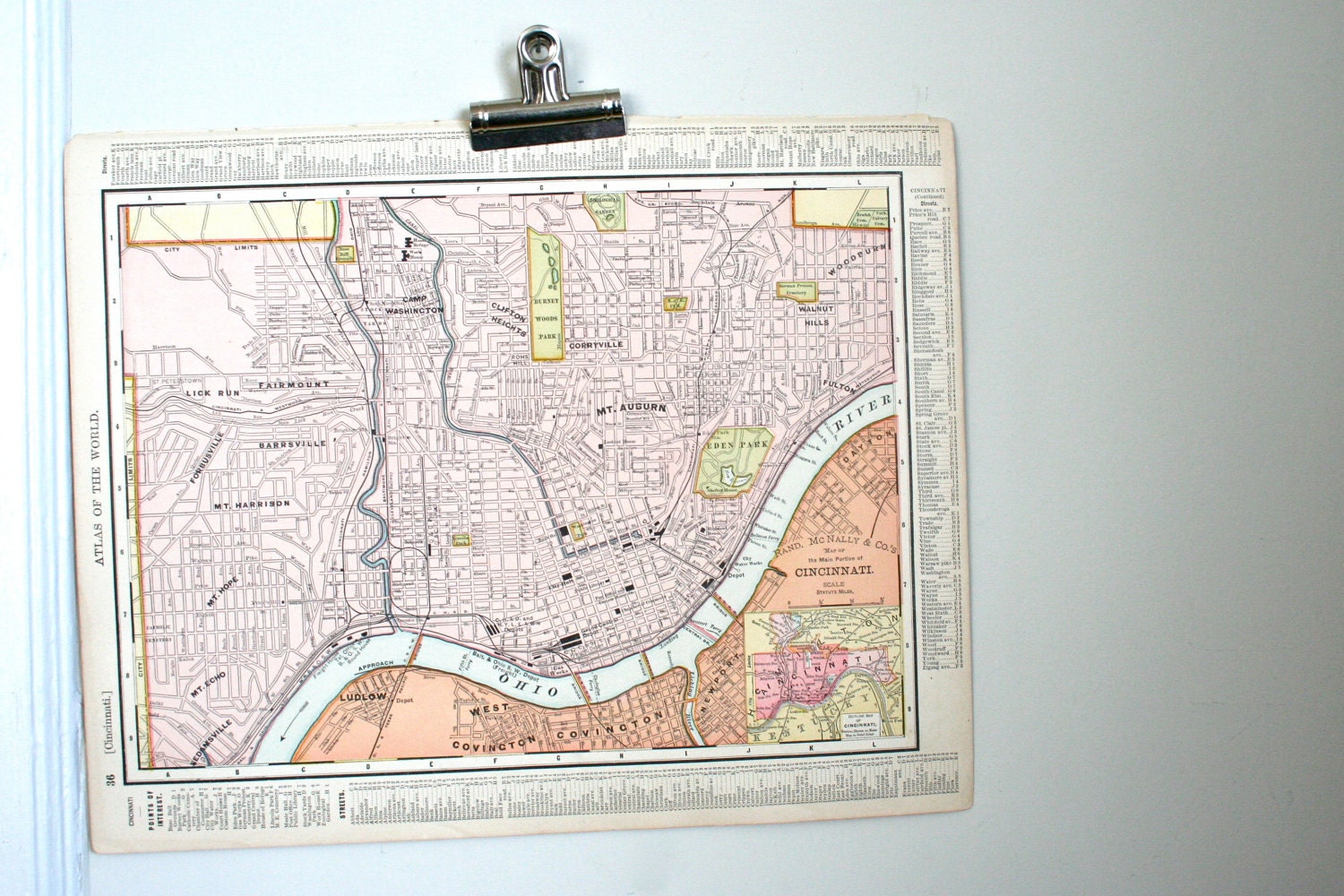 antique map of the city of  cincinnati on one side and the state of ohio - from 1905 atlas book