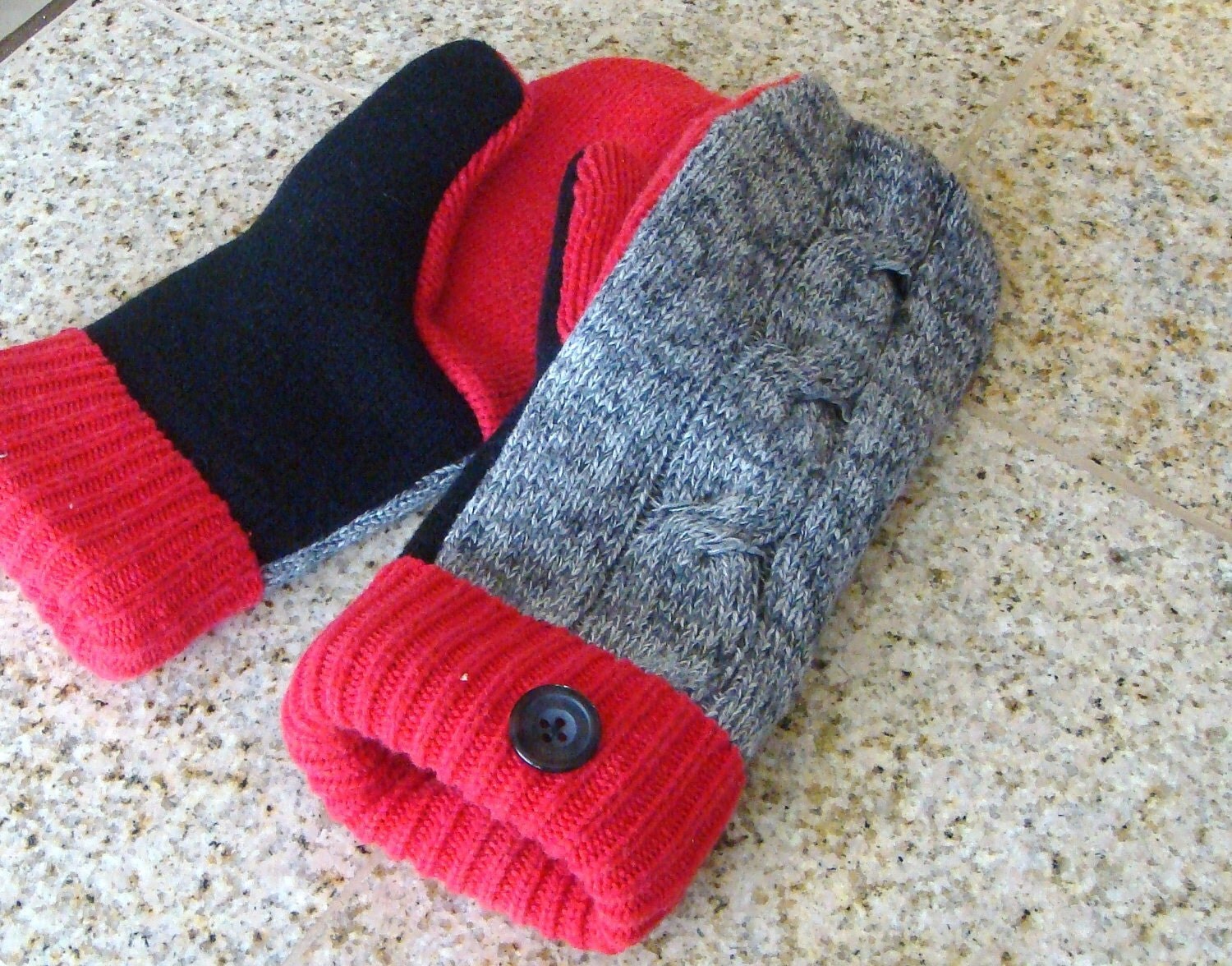 Mittens in Gray, Black and Red.