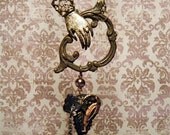 HANDHELD: HEART - Steampunk Victorian Hand Vintage Hardware Handle Button Necklace - Assemblage - Valentine - Copper Plum Tones