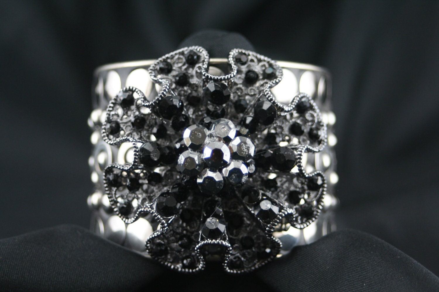 Black Studded Cuff With Black Crystal Embellishment