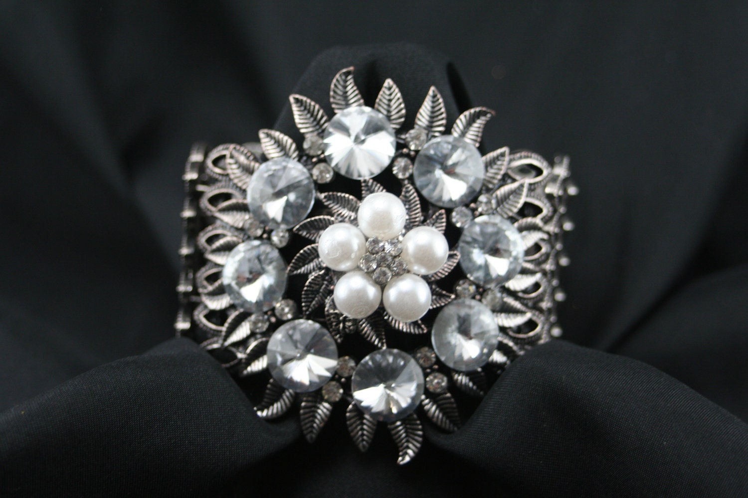 Silver Laced Cuff With Pearl Center