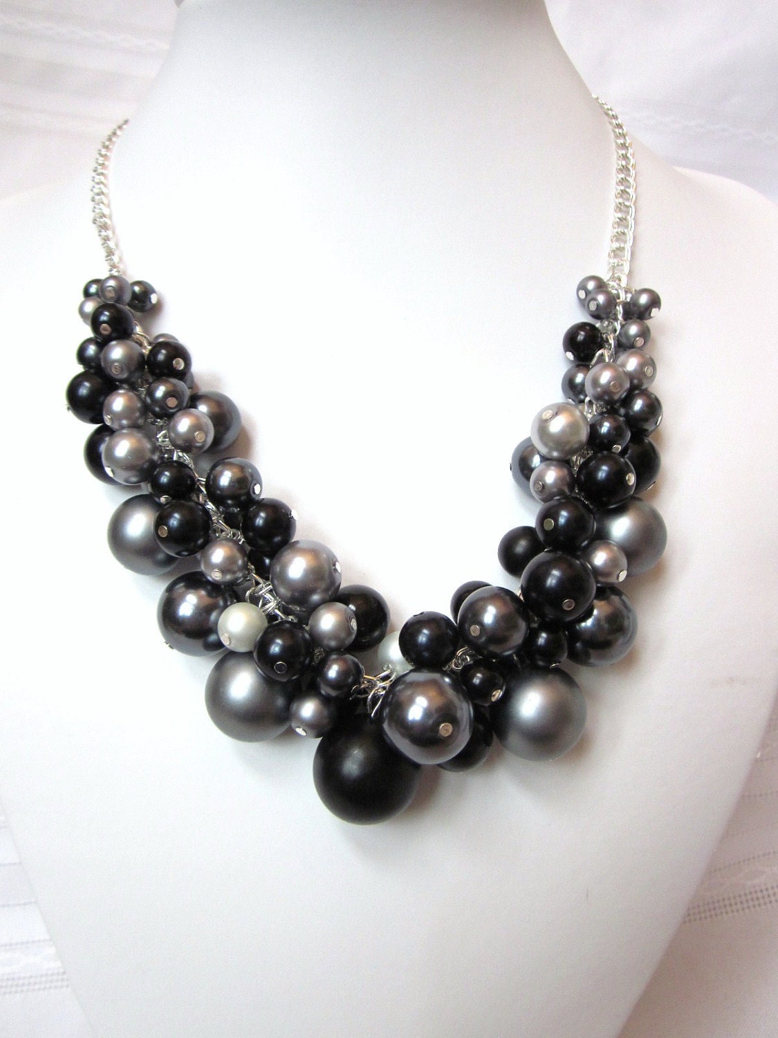 Pearl Cluster Necklace in Shades of Gray and Black (Matte Black Focal)-  Chunky, Choker, Bib, Necklace, Formal, Prom, Fun - CreationsbyCynthia1