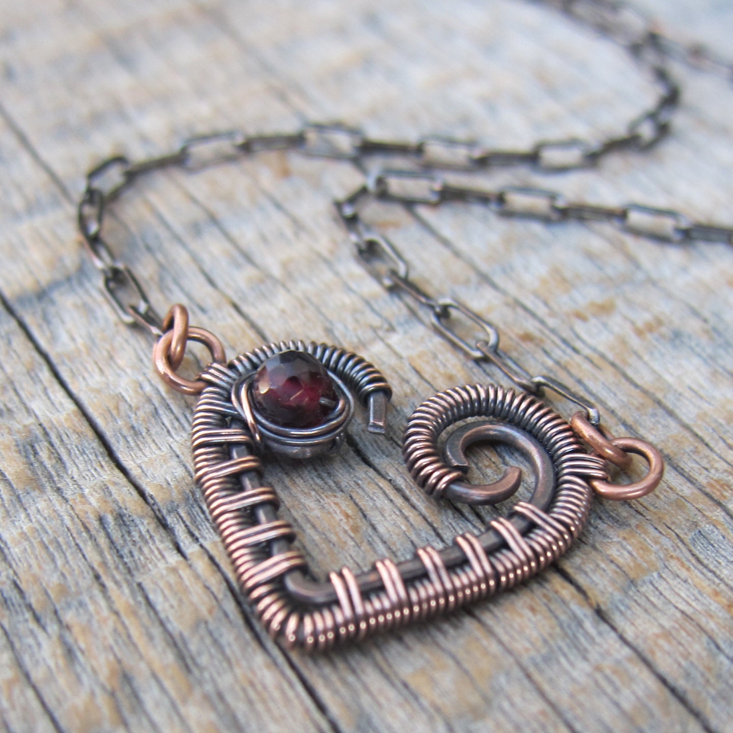 Saint Valentin 2012 Necklace ... Wire Wrapped Antique Copper Swirl Heart with Garnet